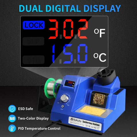 DS90 Dual Digital Soldering Station Kit with 90W Iron displaying temperature, blue body with integrated display, two-color display