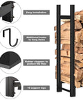 Beefy Heavy Duty Firewood Rack Eight Foot Outdoor Storage Stand with close-up details of hooks, stoppers, and support legs.