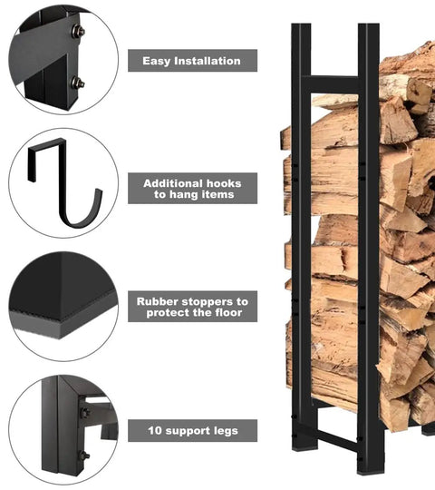 Beefy Heavy Duty Firewood Rack Eight Foot Outdoor Storage Stand with close-up details of hooks, stoppers, and support legs.