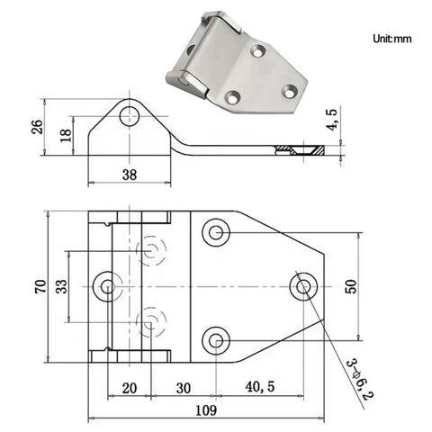 Technical drawing of Heavy Duty Stainless Steel Gate Hinge For Trucks Containers And Equipment Boxes Industrial Grade Load Bearing.