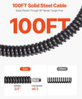 100FT solid steel cable for Professional Auto Feed Drain Cleaner Machine 100 Feet Sewer Snake Auger, showing diameter specifications.