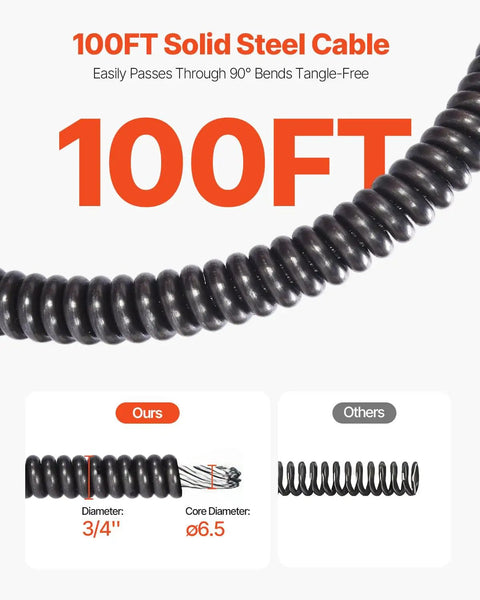 100FT solid steel cable for Professional Auto Feed Drain Cleaner Machine 100 Feet Sewer Snake Auger, showing diameter specifications.