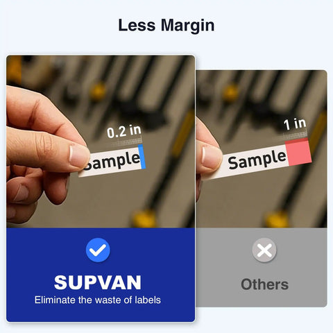 Close-up of a hand holding a label with 0.2 inch margin, showcasing Sweet Setup Wireless Label Maker features.