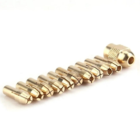 Top Tier Rotary Tool Brass Collet Set 3-Pack Featuring Quick Change Chuck With 0.5 To 3.2mm Range And 4.3mm Shank Adapter For Dremel Style Grinders And Polishers, showing brass collets.