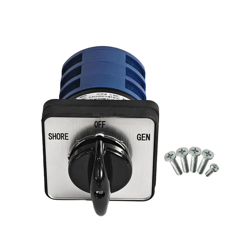 30 Amp Three Power Transfer Switch With Rotary Selector For Shore Power Off Generator Modes Dual Power Source Switch For Safe No Fuss Seamless 120V To 240V Power, front view with screws