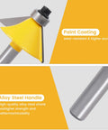 Close-up of a yellow-painted router bit and alloy steel shank from the 24 Piece Tungsten Carbide Router Bit Set With 1 Quarter Inch Shank Visible Wooden Storage Case With Size Index.