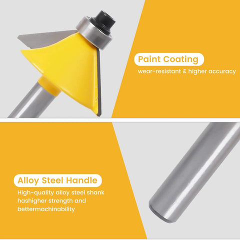 Close-up of a yellow-painted router bit and alloy steel shank from the 24 Piece Tungsten Carbide Router Bit Set With 1 Quarter Inch Shank Visible Wooden Storage Case With Size Index.