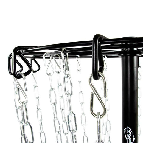 Close-up of top chains on Portable 24 Chains Disc Golf Basket For Practice, Pro Grade All Metal Construction.