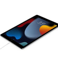 Angled front view of an Apple iPad tablet with a white charging cable attached.