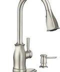 Spot Resist Stainless Single Handle Pull Down Sprayer Kitchen Faucet With Reflex System shown with soap dispenser