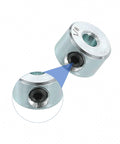 Close-up of Two Pack Set Screw Shaft Collars With One Eighth Inch Bore Three Eighth Inch Outside Diameter One Quarter Inch Width Zinc Plated Steel