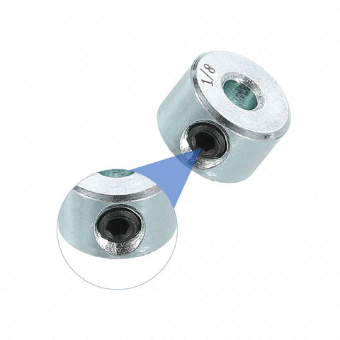 Close-up of Two Pack Set Screw Shaft Collars With One Eighth Inch Bore Three Eighth Inch Outside Diameter One Quarter Inch Width Zinc Plated Steel