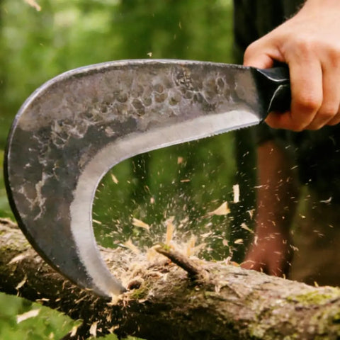 Heavy Duty Machete Billhook Sickle Knife For Yard Work And Tree Cutting, cutting a branch, forged manganese steel blade, outdoor use