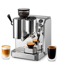 Smooth Operator Automatic Espresso Machine With Integrated Grind Distribute And Tamp Design delivering espresso shots and cappuccino.