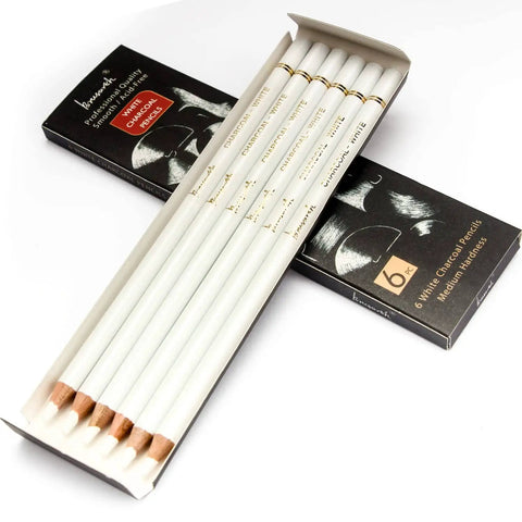 White Charcoal Pencils Drawing Set, Go To Pro Grade 6 Piece Sketch Kit for highlights, shading, blending on dark paper.