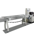 Automatic Horizontal Flow Wrapper Shrink Wrapping Machine For Snacks Candy Bakery Beverage Packing With Tank Build, side view showcasing conveyor.