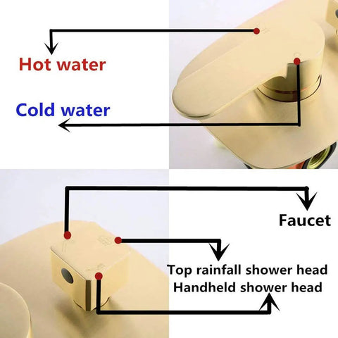 UMJIGF Shower System,Ceiling Mount Brushed Gold Bathroom Brass Ceiling faucet with hot and cold water controls and shower heads.
