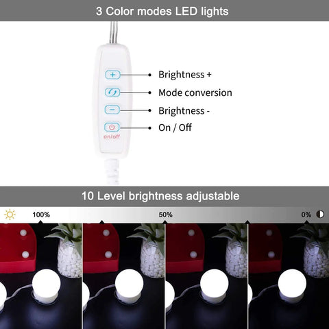 Vanity Light Strip Kit With 14 Dimmable Bulbs control switch for brightness and color mode adjustment, mirror not included.