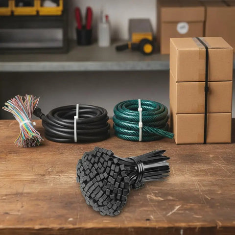 Heavy Duty Self Locking Zip Ties Provide A Rock Solid Nylon Cable Wrap Setup For Electricians With Assorted Sizes In A 100 Piece Fire Resistant Pack on a workbench with organized cords and boxes.