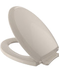 Guinevere SoftClose Elongated Toilet Seat In Bone, Gentle Close Lid, heavy-duty plastic, molded bumpers, 18.5x14.25x3 inches