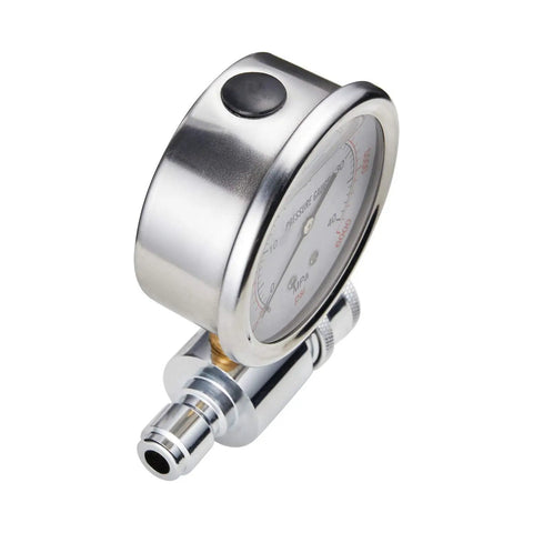 Pro Grade Beefy Pressure Washer Gauge 6000 PSI with Three Eighths Inch Quick Connect, stainless steel, dual dial readout.