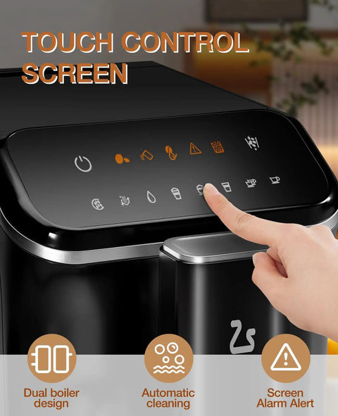Real Deal Fully Automatic Espresso Machine With Smart Touch Panel Built In Grinder One Touch Milk Frother 1.5L Tank for easy function control.