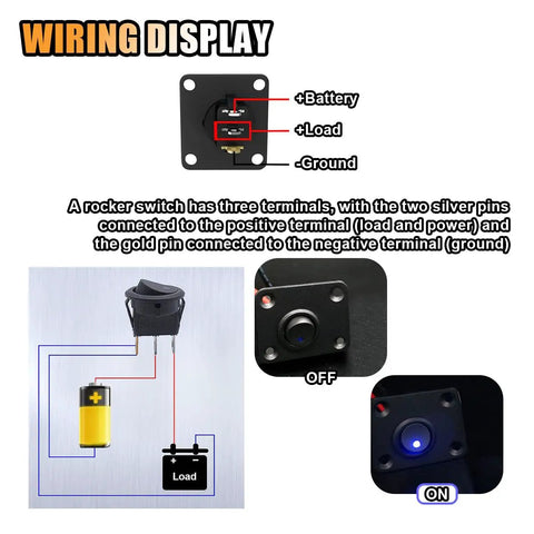 Wiring display of 12V 20A Waterproof Rocker Toggle Switch Panel With USB Charger And LED Indicator for cars, boats, RVs.
