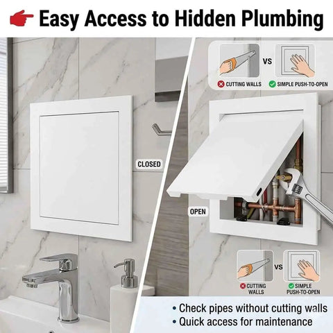 Top Shelf Heavy Duty Aluminum Access Panel Door For Drywall And Ceiling, Recessed Plumbing Cover With Push To Open Hatch, Built Ridiculously Tough With Zero Sweat Install For Your Next Renovation Black 8X12 Inch open showing plumbing.