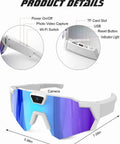 4K POV Baseball Glasses With Camera For Men And Women Sports Sunglasses Eyewear With HD Recording And Audio Video Capture Anti Glare Lenses For Running Cycling Hiking And Adventure Ice Blue showing camera and function details.