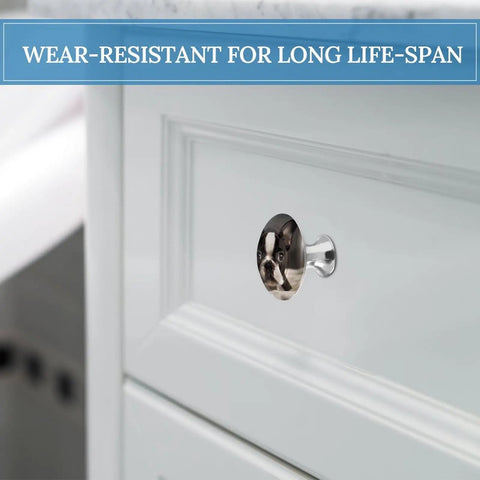 Cute Boston Terrier Round Cabinet Knob Set, 2 Pack, Stainless Steel With Brushed Aluminum Base, Rust Resistant Durable Drawer Knobs For Kitchen Cabinets And Furniture Makeovers on white cabinet