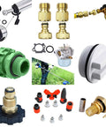 Assorted plumbing and automotive fittings, washers, adapters, and connectors displayed.