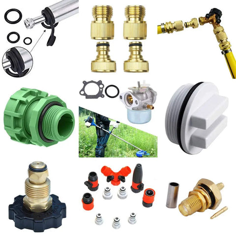 Assorted plumbing and automotive fittings, washers, adapters, and connectors displayed.