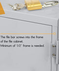 Close-up of 2 Drawer File Cabinet Locking Bar With Cobalt Drill Bit Included, Easy 5 Minute Install, Rock Solid 16 Gauge Steel, Gray Powder Coat