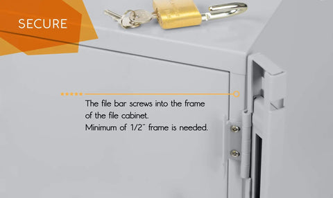 Close-up of 2 Drawer File Cabinet Locking Bar With Cobalt Drill Bit Included, Easy 5 Minute Install, Rock Solid 16 Gauge Steel, Gray Powder Coat