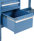 Open drawer of Heavy Duty Production Workbench With 72 Inch Wide By 30 Inch Deep One And A Quarter Inch Thick ESD Laminate Safety Edge 5000 Pound Capacity Blue Assembly Required.