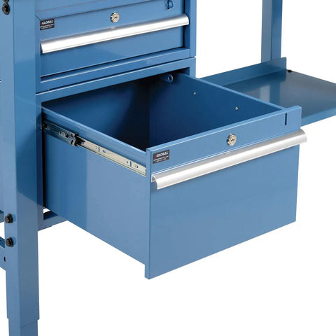 Hardcore Heavy Duty Workbench 60X36 Inches With Adjustable Steel Legs And Tough Phenolic Resin, blue tool drawer detail.