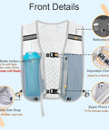 Lightweight 5L Hydration Vest For Men And Women with reflective strips, adjustable chest straps, and bottle holder, front view.