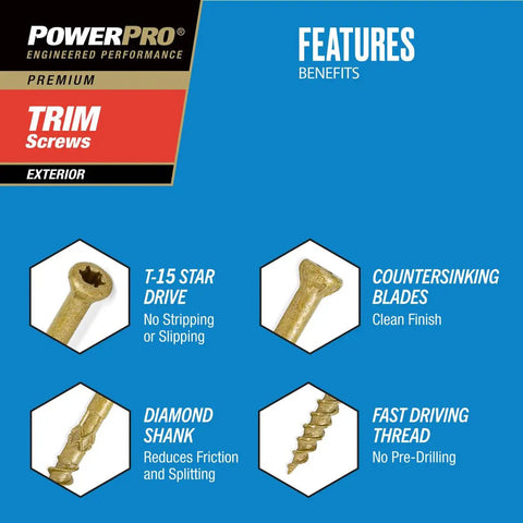 Top Shelf Exterior Trim Screws Nine By Three Inch Bronze Self Drilling Wood Fasteners Deck And Fence Toolkit features on blue background.