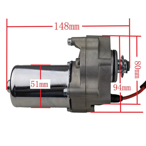 2-Bolt Lower Mount Starter Motor For 50cc To 125cc 4-Stroke ATVs, Dirt Bikes, precise measurements visible in image