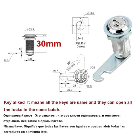 Lock Kit With 16mm 20mm And 30mm Options For Outdoor Mailboxes File Cabinets Tool Boxes And Lockers Durable Metal Weatherproof Hardware MX06G 1Pcs Easy Install Latch System featuring 30mm lock with key alike feature and measurements.