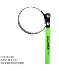 Adjustable Oil Filter Wrench For Spin On Filters Two And Three Quarters To Three And One Quarter Inches, green handle