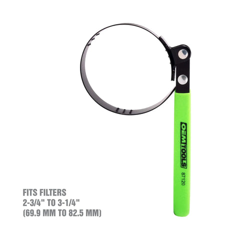 Adjustable Oil Filter Wrench For Spin On Filters Two And Three Quarters To Three And One Quarter Inches, green handle