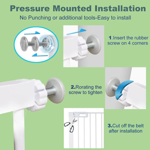 Pressure mounted installation steps for extra wide walk through baby gate for kids and pets, no drilling required.