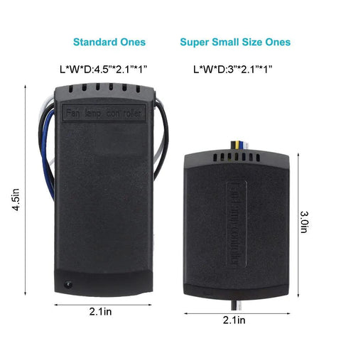 Three In One Ceiling Fan Remote Kit for AC Motors, Wireless Control, comparison of standard and super small receiver sizes.