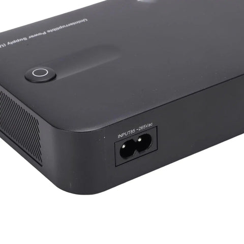 Seamless 36W DC UPS With Bright LED Display For Rock Solid Router Backup showing the input port and power button on sleek black casing.