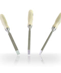 Heavy Duty Mortise Chisel Set With Chrome Vanadium Steel Blades And Premium Hornbeam Handles For Professional Cabinetmaking And Precision Woodworking Includes 1/4 Inch 3/8 Inch And 1/2 Inch Tools, showcasing three chisels with wooden handles.