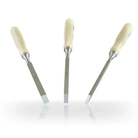 Heavy Duty Mortise Chisel Set With Chrome Vanadium Steel Blades And Premium Hornbeam Handles For Professional Cabinetmaking And Precision Woodworking Includes 1/4 Inch 3/8 Inch And 1/2 Inch Tools, showcasing three chisels with wooden handles.