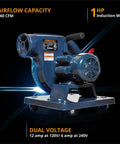 1 HP Portable Dust Collector With 560 CFM For Woodworking shown with airflow capacity and dual voltage details.