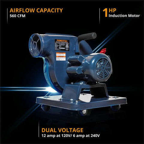 1 HP Portable Dust Collector With 560 CFM For Woodworking shown with airflow capacity and dual voltage details.