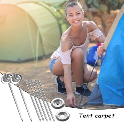 Tough As Nails 6 Inch Stainless Steel Patio Rug Stakes Set with washers, used for securing a tent carpet outdoors.